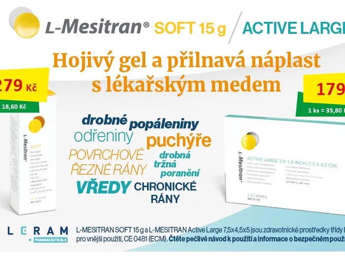 L-Mesitran SOFT 15g Hojivý gel a přilnavá náplast s lékařským medem. Hojivý gel 279Kč. Náplast 179Kč.